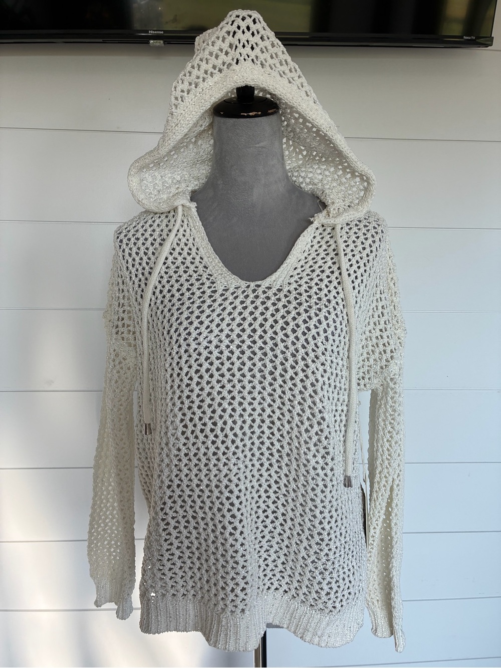 Joie Womens Neutral Open Knit Coastal Sparkle Sweater Hooded Sz S NWT/0419